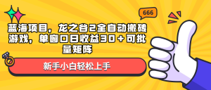 蓝海项目，龙之谷2全自动搬砖游戏，单窗口日收益30＋可批量矩阵-搞个副业