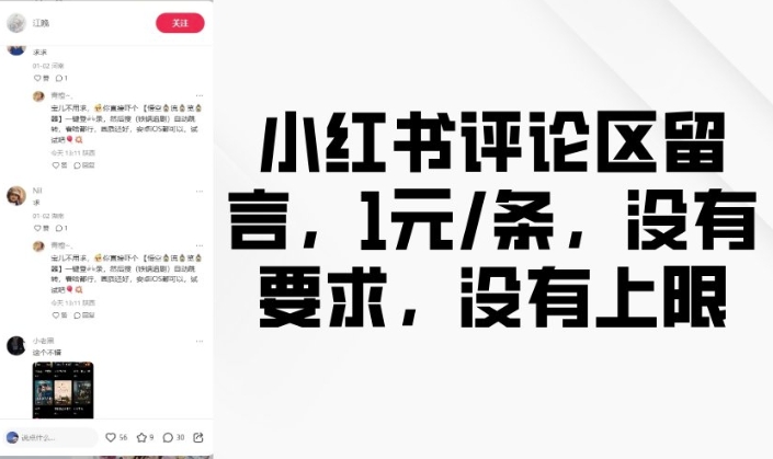 小红书评论区留言，1元条，没有要求，没有上限-搞个副业