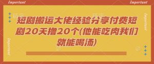 短剧搬运大佬经验分享付费短剧20天撸20个(他能吃肉我们就能喝汤)-搞个副业