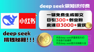Deep seek 一键免费生成小红书图文日引300+创业粉，日变现3000+教程！...-搞个副业