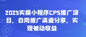 2025实操小程序CPS推广项目，自用推广渠道分享，实现被动收益-搞个副业