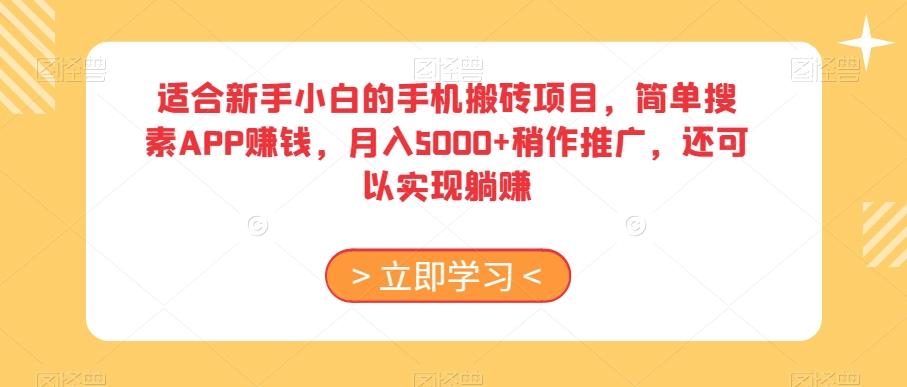 适合新手小白的手机搬砖项目，简单搜素APP赚钱，月入5000+稍作推广，还可以实现躺赚【揭秘】-搞个副业