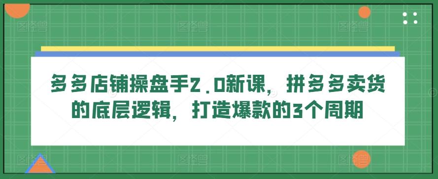 多多店铺操盘手2.0新课，拼多多卖货的底层逻辑，打造爆款的3个周期-搞个副业