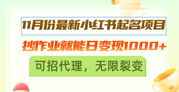 11月份最新小红书起名项目，抄作业就能日变现1000+，可招代理，无限裂变-搞个副业
